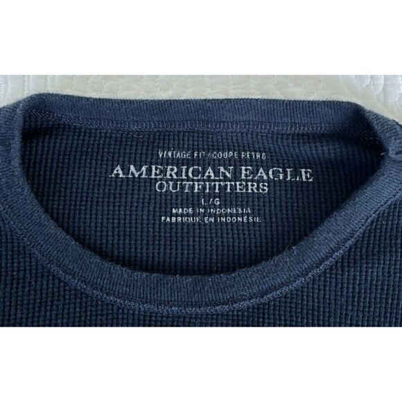 AMERICAN EAGLE Men's L Blue Off White Striped Long Sleeve Waffle Knit Sweater - Picture 4 of 6